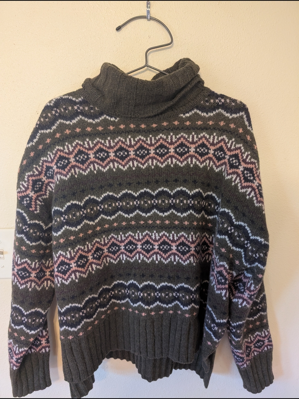 Barbour Olive Fair Isle Turtleneck Sweater with Pink and Cream Accents